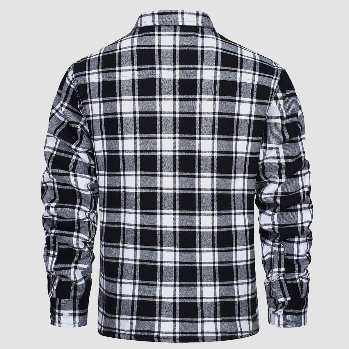 Black and white plaid flannel shirt jacket, worn, back view shown | Chaps London