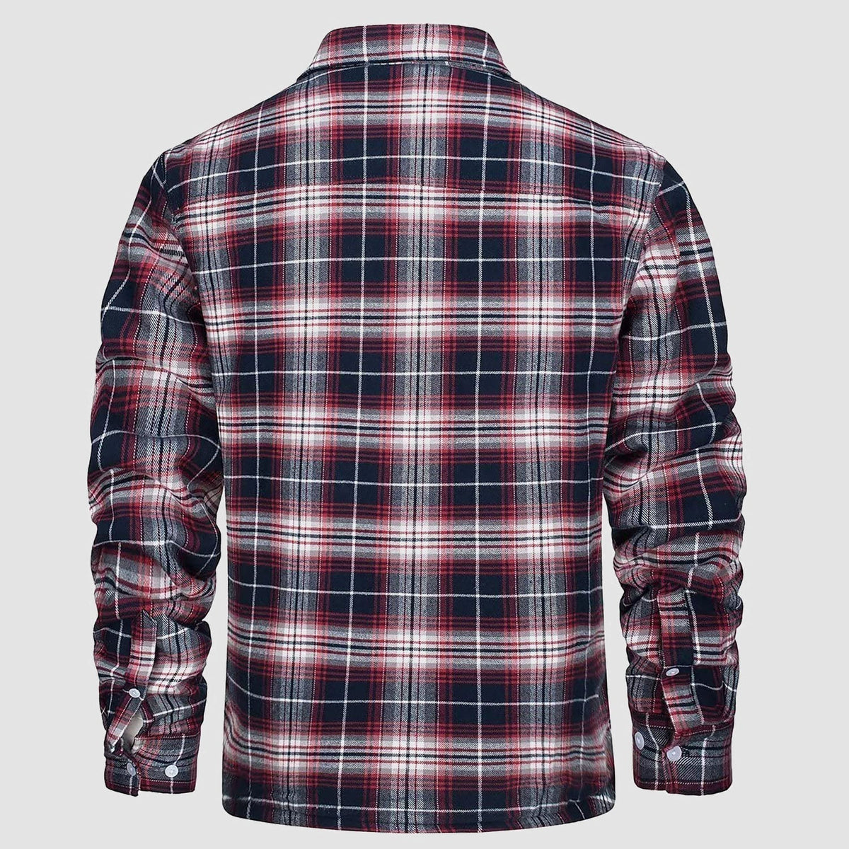 Red navy plaid flannel overshirt jacket worn by person, back view | Chaps London