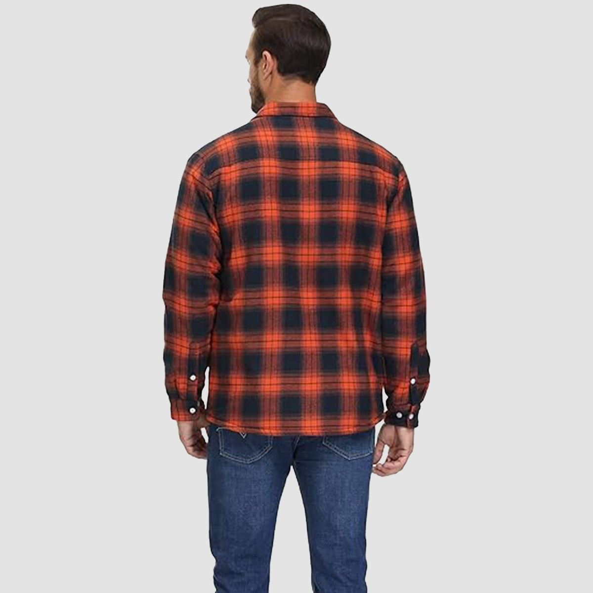 Man wearing red and black plaid flannel shirt, rear view, jeans | Chaps London