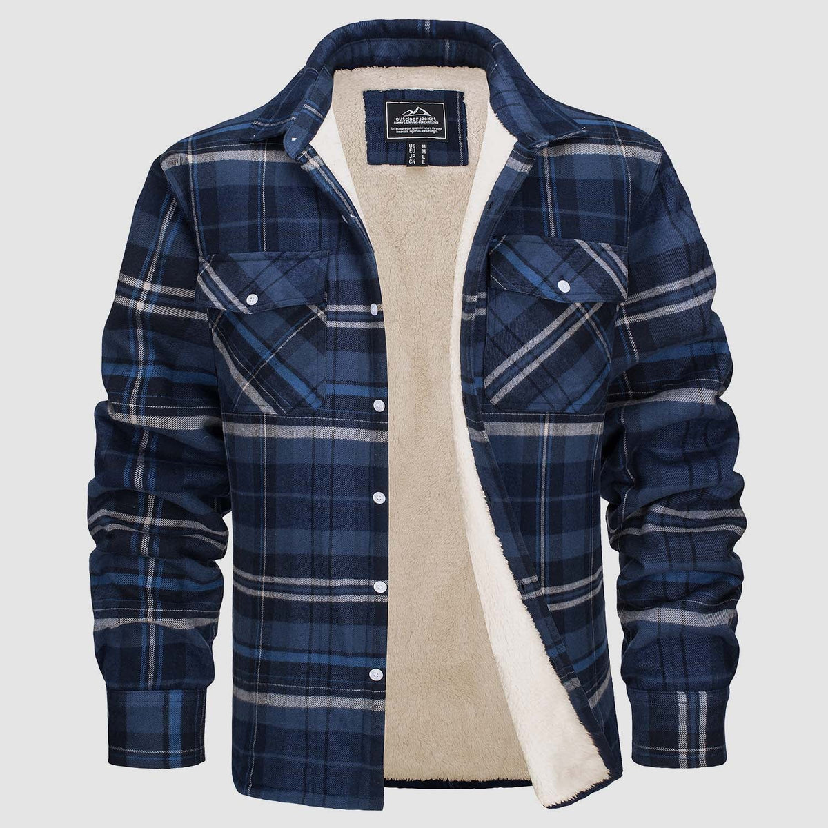 Blue plaid flannel jacket with cream fleece lining, shown flat | Chaps London