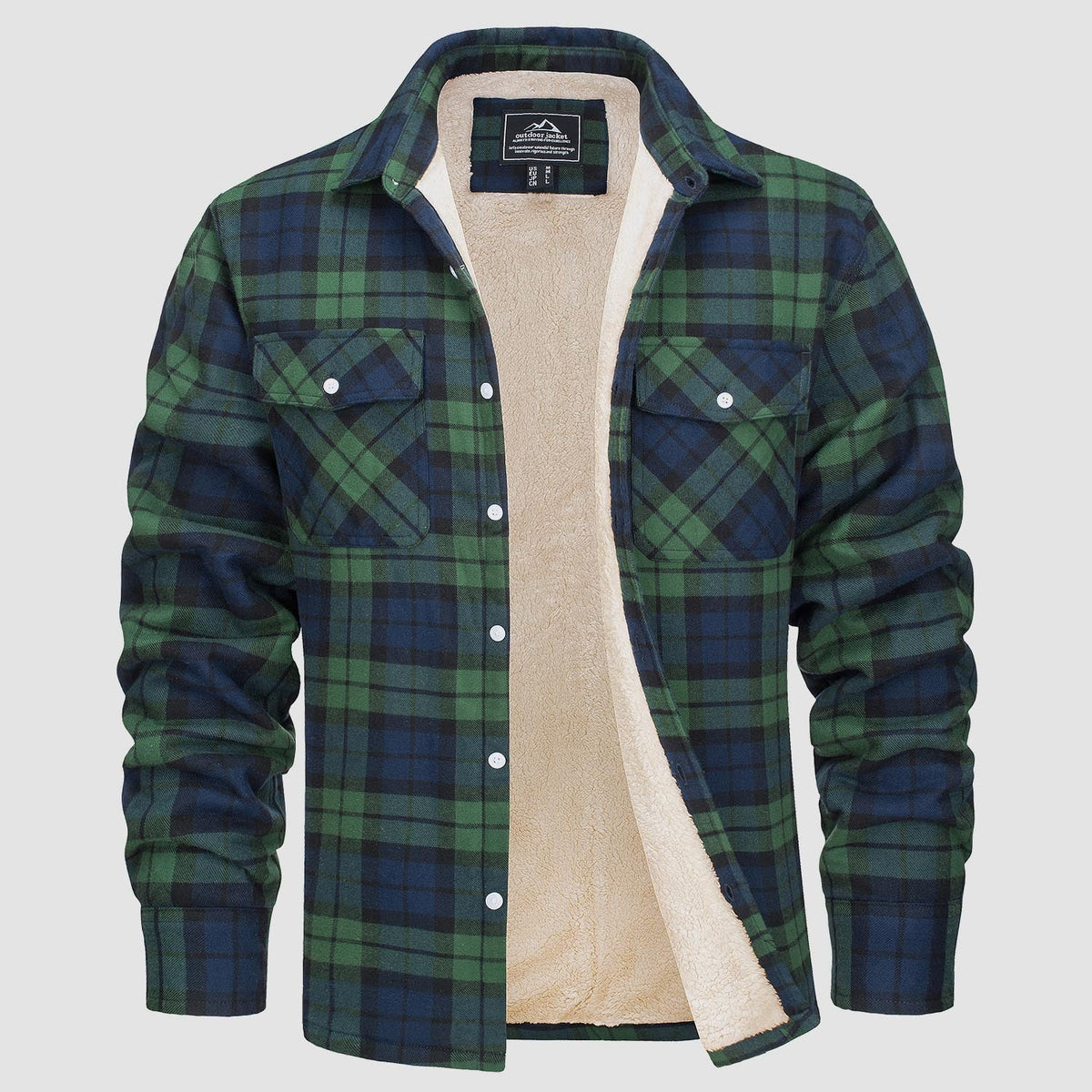 Green navy plaid flannel jacket with fleece lining, shown flat unbuttoned | Chaps London