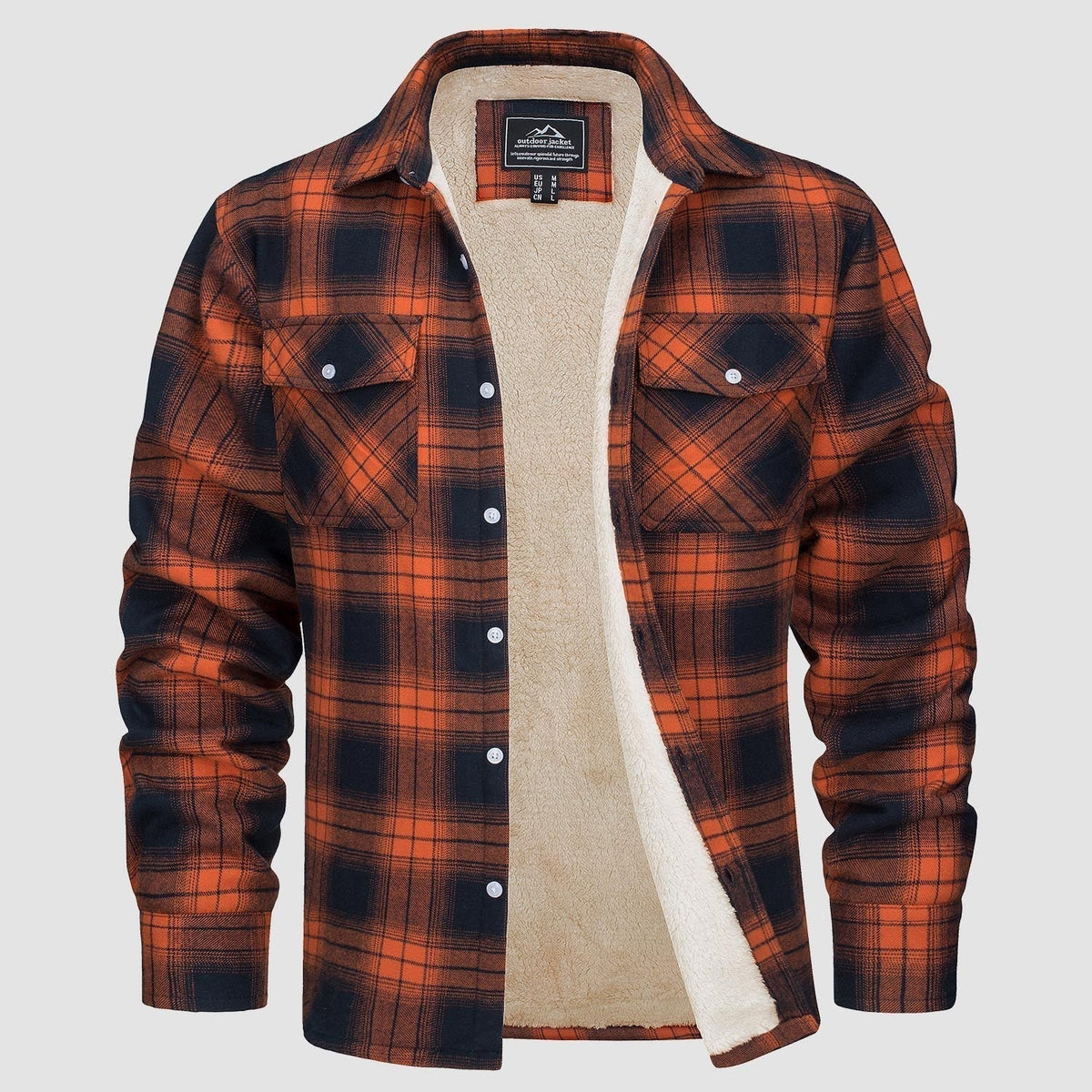 Orange navy plaid flannel jacket with fleece lining, shown flat unbuttoned | Chaps London