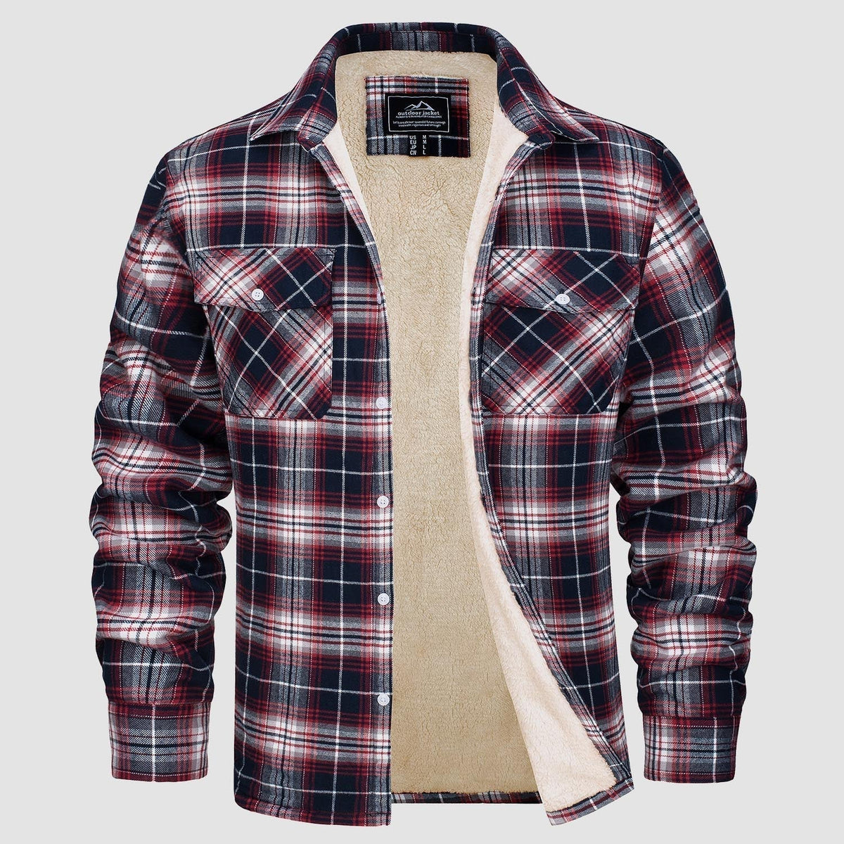 Red navy plaid flannel jacket with fleece lining, unworn, displayed flat | Chaps London