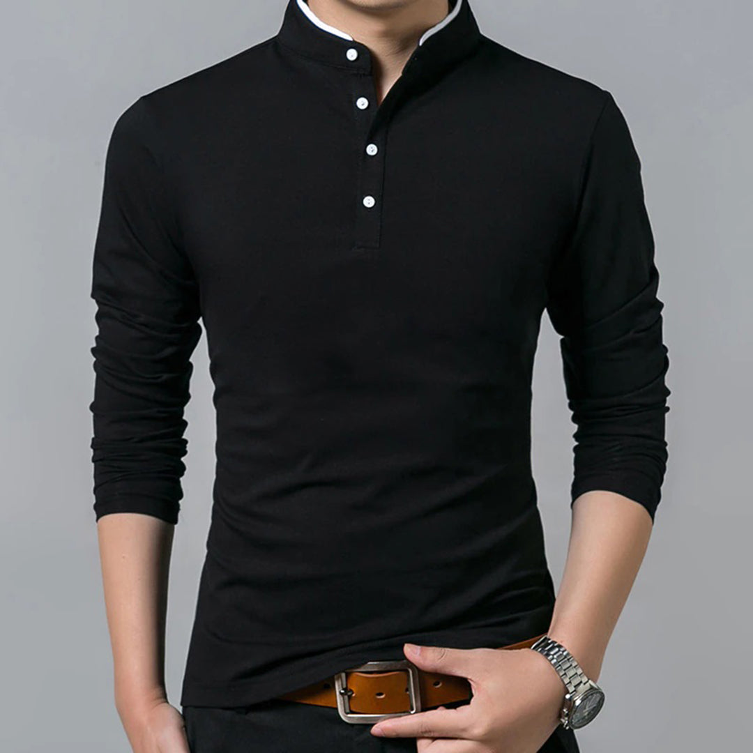 Henley Shirt - Men's Long Sleeve Slim Fit-Fashion Men Shirt Henley All-year-Chaps London-Black-M-Chaps London