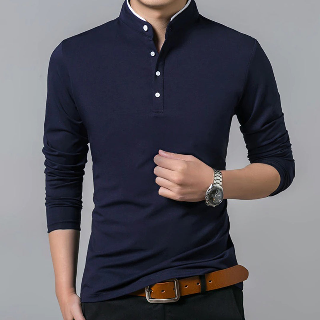 Henley Shirt - Men's Long Sleeve Slim Fit-Fashion Men Shirt Henley All-year-Chaps London-Navy Blue-M-Chaps London