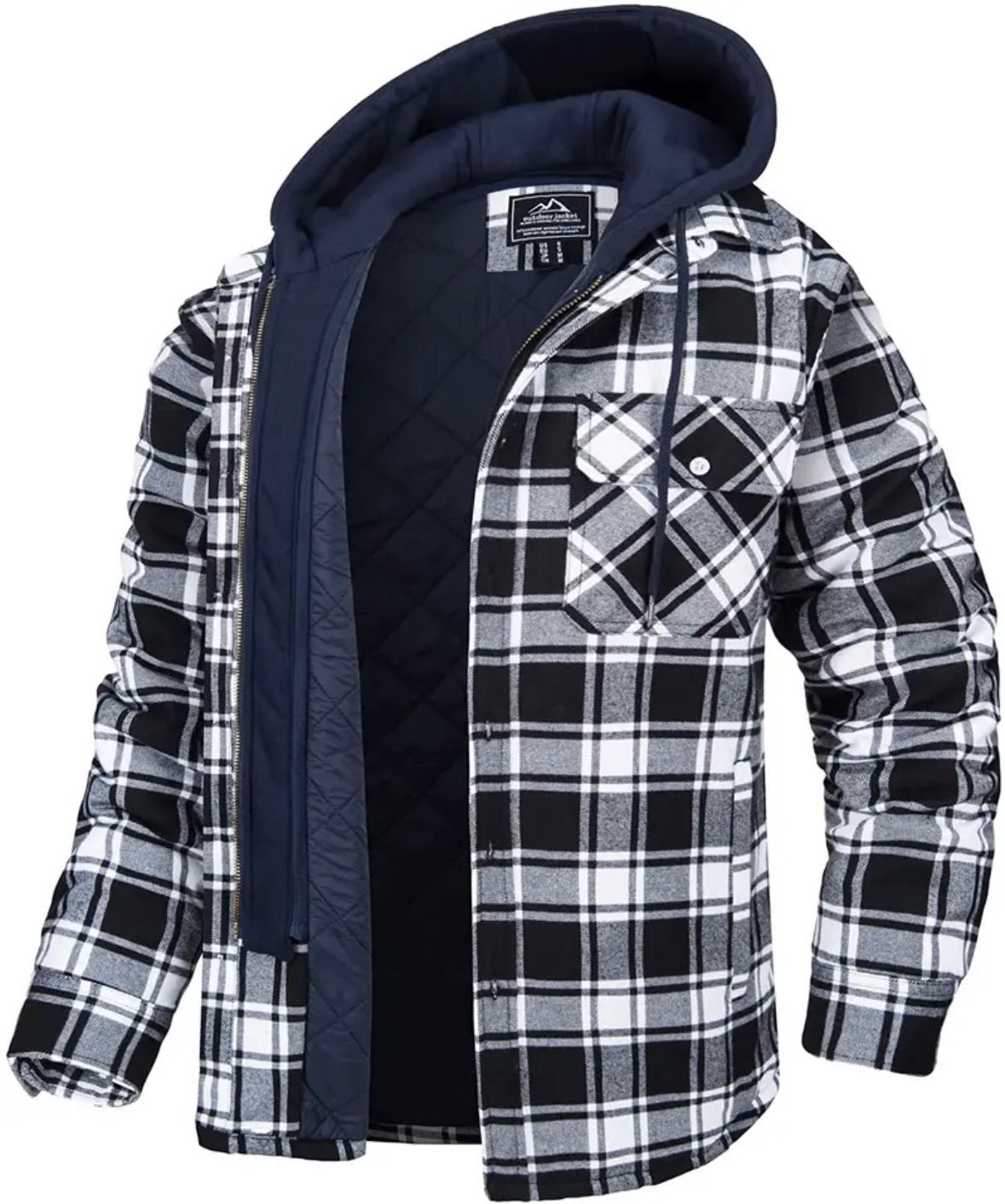 Hooded Jacket - Men's Quilted Lined Plaid-Jacket-Chaps London-Black - White-S-Chaps London