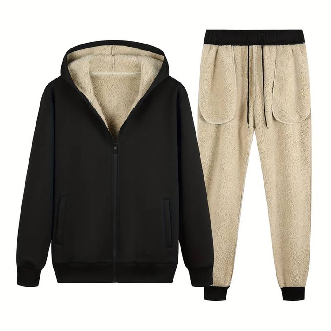 Hoodie Jogger Set | Zip-Up | Fur Lined | Two-Piece Set | Men's Clothing-Outfit Sets-Chaps London-Black-S-Chaps London