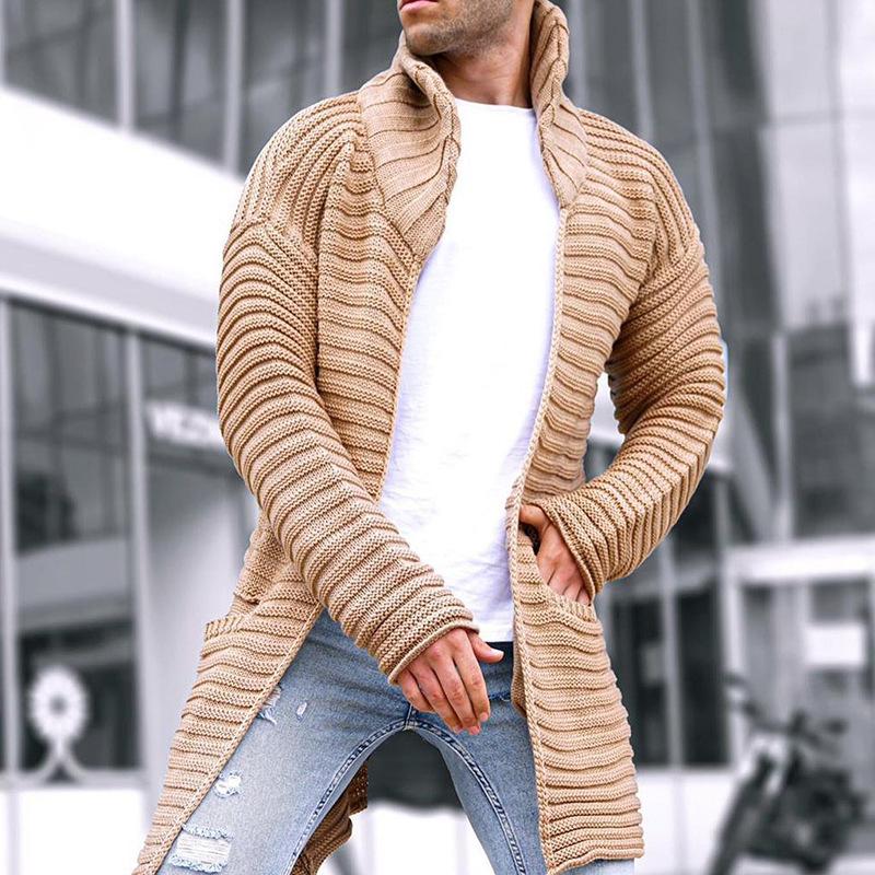 Knit Cardigan - Hooded - Open Front - Long Cardigan - Men's Cardigan-Coats & Jackets-Chaps London-Khaki-M-Chaps London