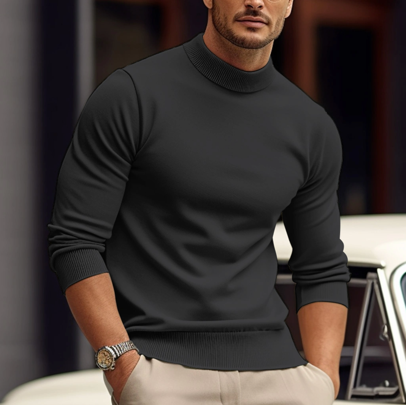 Knit Sweater - High Neck - Long Sleeve - Roll Neck Jumper - Men's Jumper-Trui man-Chaps London-Gray-XS-Chaps London