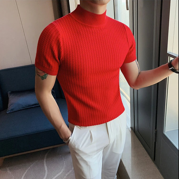 Knit T-Shirt | High Neck | Short Sleeve | Turtleneck T-Shirt | Men's Clothing-T-Shirts-Chaps London-Red-M-Chaps London