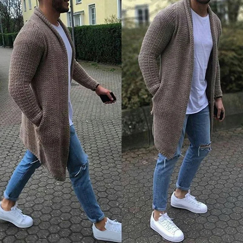 Knitted Cardigan | Casual | Open Front | Long Cardigan | Men's Cardigan-Long Cardigan-Chaps London-Khaki-M-Chaps London