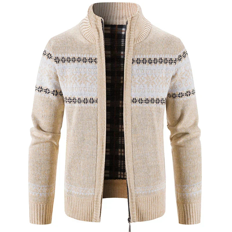 Knitted Cardigan - Zip-Up - Winter - Knit Cardigan Sweater - Men's Cardigan-Men’s Knitted Cardigan-Chaps London-Beige-S-Chaps London
