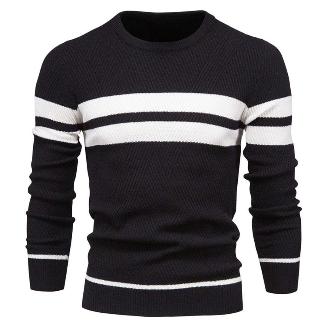 Knitted Jumper - Men's Striped Crew Neck-Strickwaren-Chaps London-Black-S-Chaps London