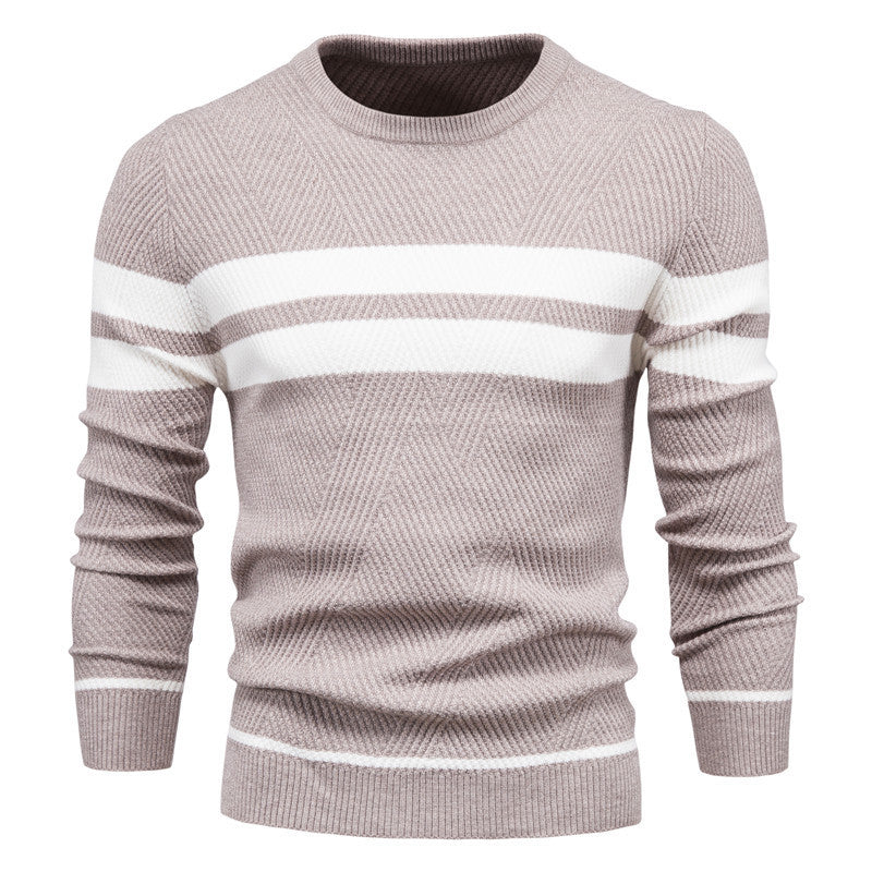 Knitted Jumper - Striped Round Neck Men's Jumper-Hoodies & Sweatshirts-Chaps London-Beige-S-Chaps London