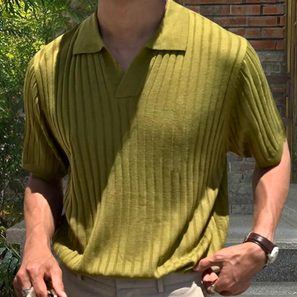 Knitted Polo Shirt - Men's Short Sleeve V Neck-Polos-Chaps London-Green-M-Chaps London