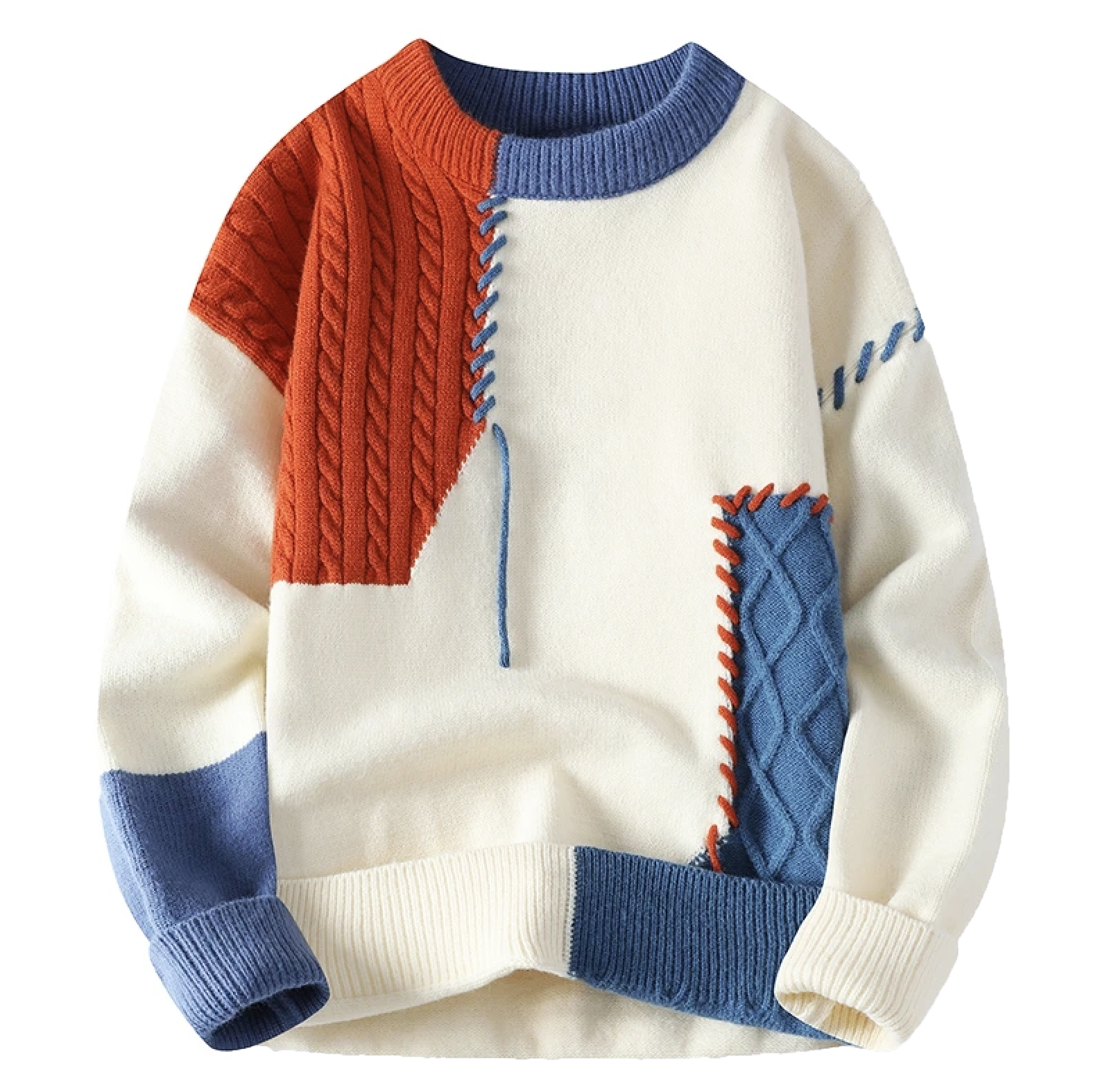 Knitted Sweater - Patchwork - Loose Fit - Pullover Sweater - Men's Knitted Jumper-Men's Long Sleeves-Chaps London-Orange-S-Chaps London