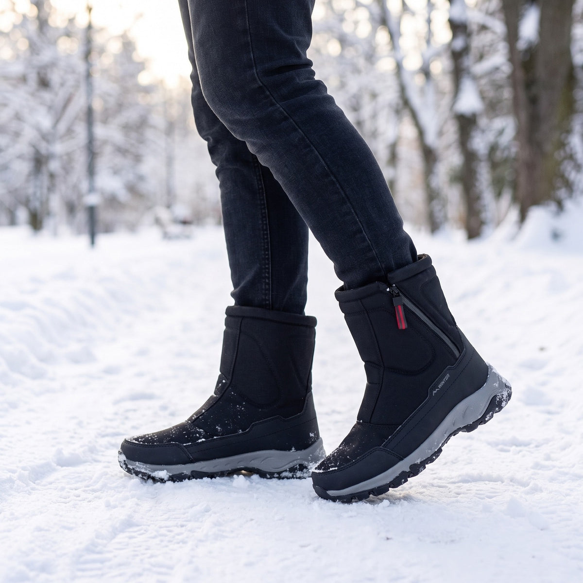 Black winter snow boot worn on person walking through snowy park | Chaps London