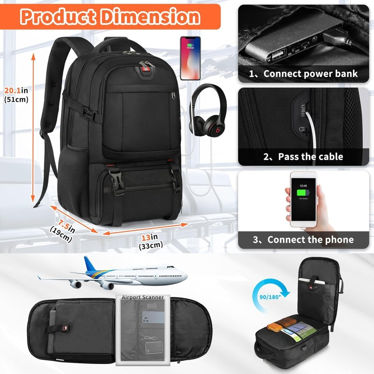 Laptop Travel Rucksack | Insulated Food Compartment | USB Port | 50L-Backpack-Chaps London-Chaps London