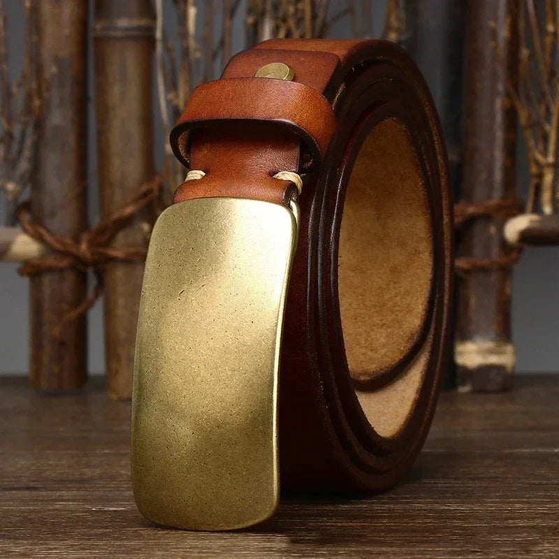Leather Belt - Men's Full Grain Brass Plate Buckle-Men's Belt-Chaps London-Desert Sand-30-32-Chaps London