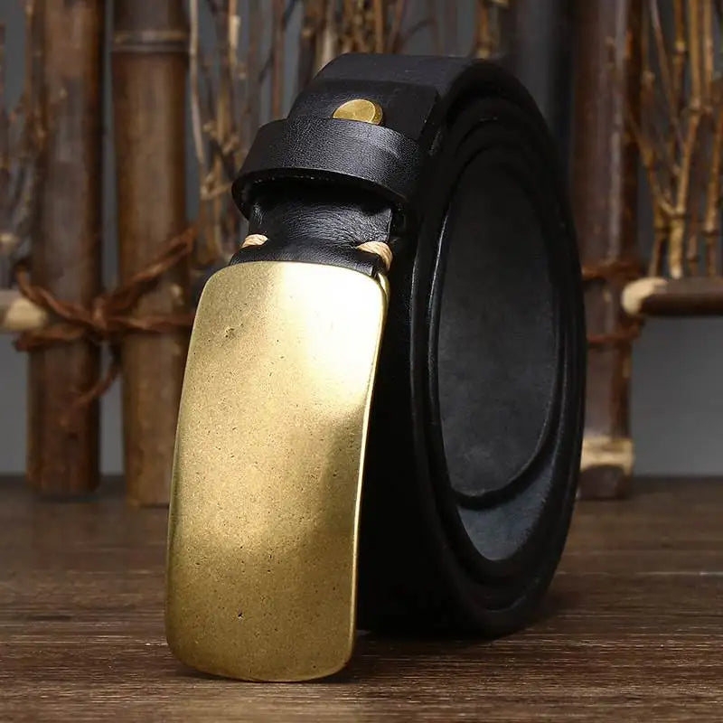 Leather Belt - Men's Full Grain Brass Plate Buckle-Men's Belt-Chaps London-Onyx Black-30-32-Chaps London