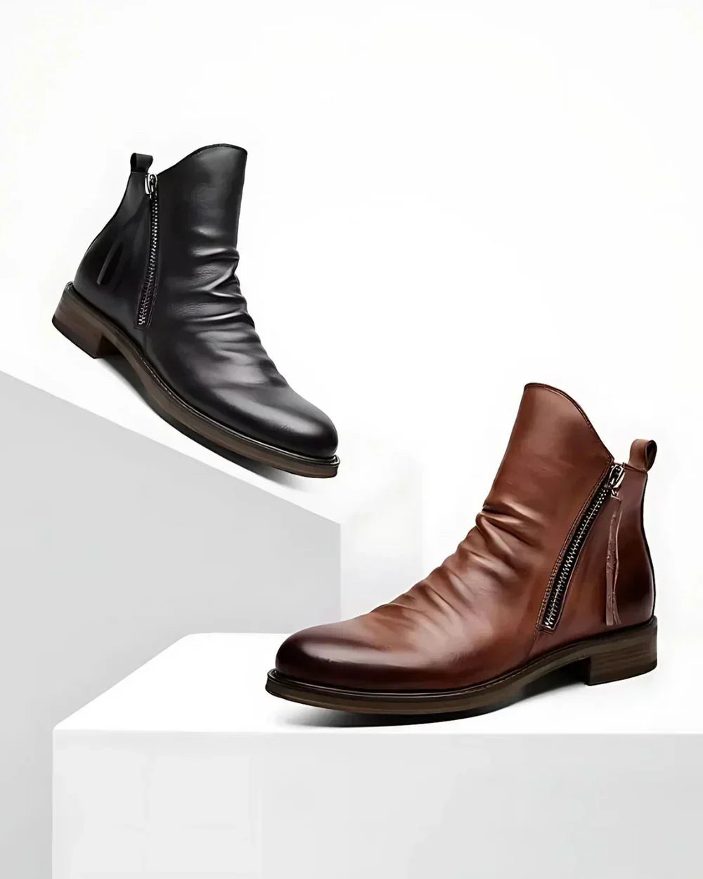 Black and brown leather zip ankle boots displayed on white pedestal blocks | Chaps London