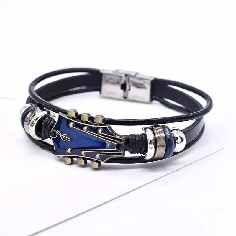 Leather Bracelet - Men's Guitar String Design Adjustable-Bracelet-Chaps London-Blue-Chaps London