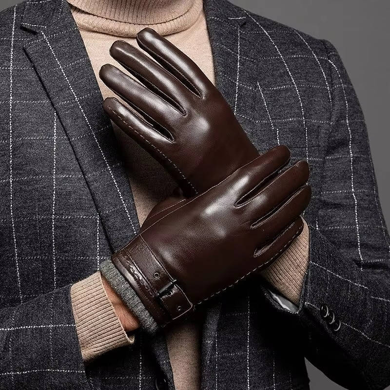 Leather Gloves - Men's Sheepskin Wool Lined Touchscreen-Men's Gloves-Chaps London-Coffee-M-Chaps London