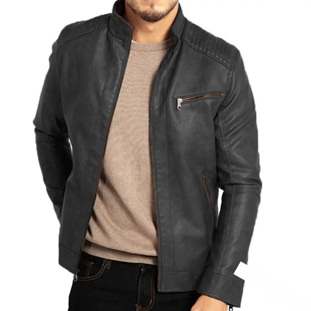 Leather Jacket - Men's Windproof Zip-Up Leather Biker Jacket-Men Jackets-Chaps London-Dark Gray-S-Chaps London