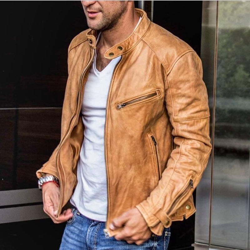 Leather Jacket | Retro | Zip-Up | Biker Jacket | Men's Jacket-Jackets-Chaps London-Beige-S-Chaps London
