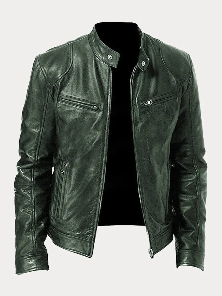 Leather Jacket | Zip-Up | Regular Fit | Biker Jacket | Men's Leather Jacket -Men’s Leather Jacket-Chaps London-Army Green-S-Chaps London