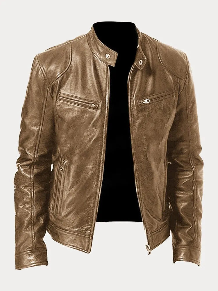 Leather Jacket | Zip-Up | Regular Fit | Biker Jacket | Men's Leather Jacket -Men’s Leather Jacket-Chaps London-Khaki-S-Chaps London