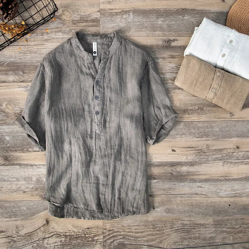 Linen Shirt - Button-Up - Lightweight - Short Sleeve Shirt - Men's Shirts-Shirts-Chaps London-Gray-M-Chaps London