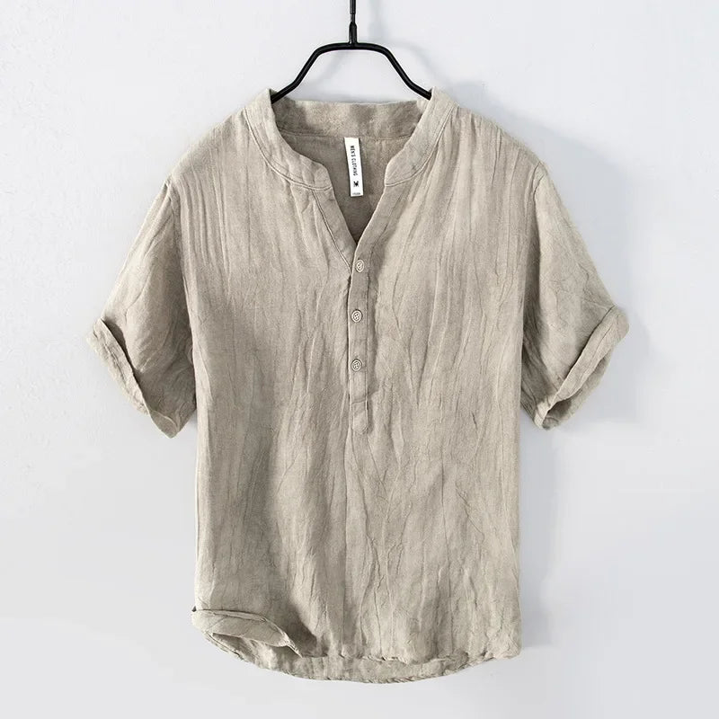 Linen Shirt - Button-Up - Lightweight - Short Sleeve Shirt - Men's Shirts-Shirts-Chaps London-Khaki-M-Chaps London