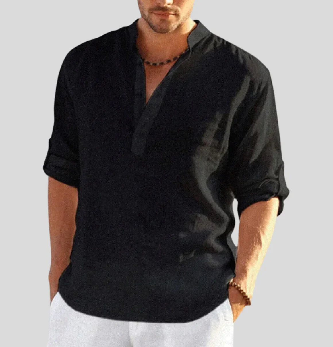 Linen Shirt - Cotton - Half-button - Men's Shirt - Linen Clothing For Men-Shirts-Chaps London-Black-XS-Chaps London