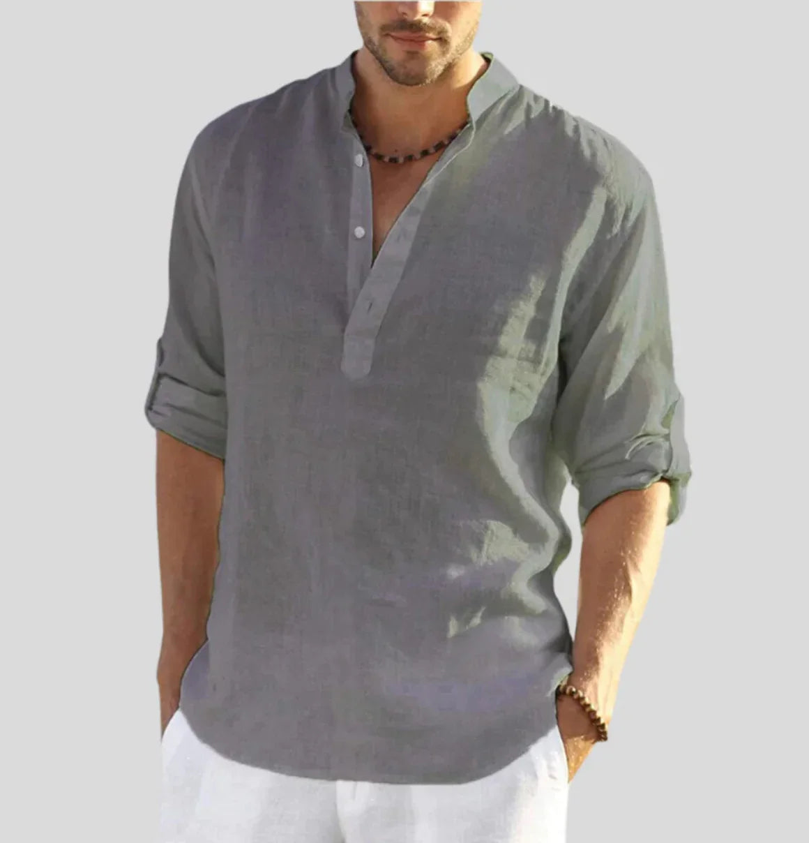 Linen Shirt - Cotton - Half-button - Men's Shirt - Linen Clothing For Men-Shirts-Chaps London-Gray-XS-Chaps London