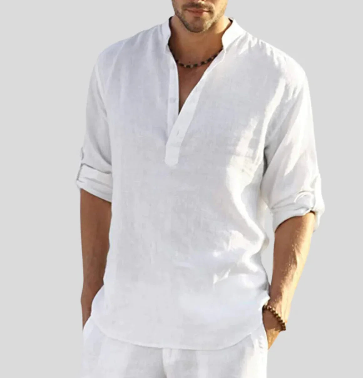 Linen Shirt - Cotton - Half-button - Men's Shirt - Linen Clothing For Men-Shirts-Chaps London-White-XS-Chaps London