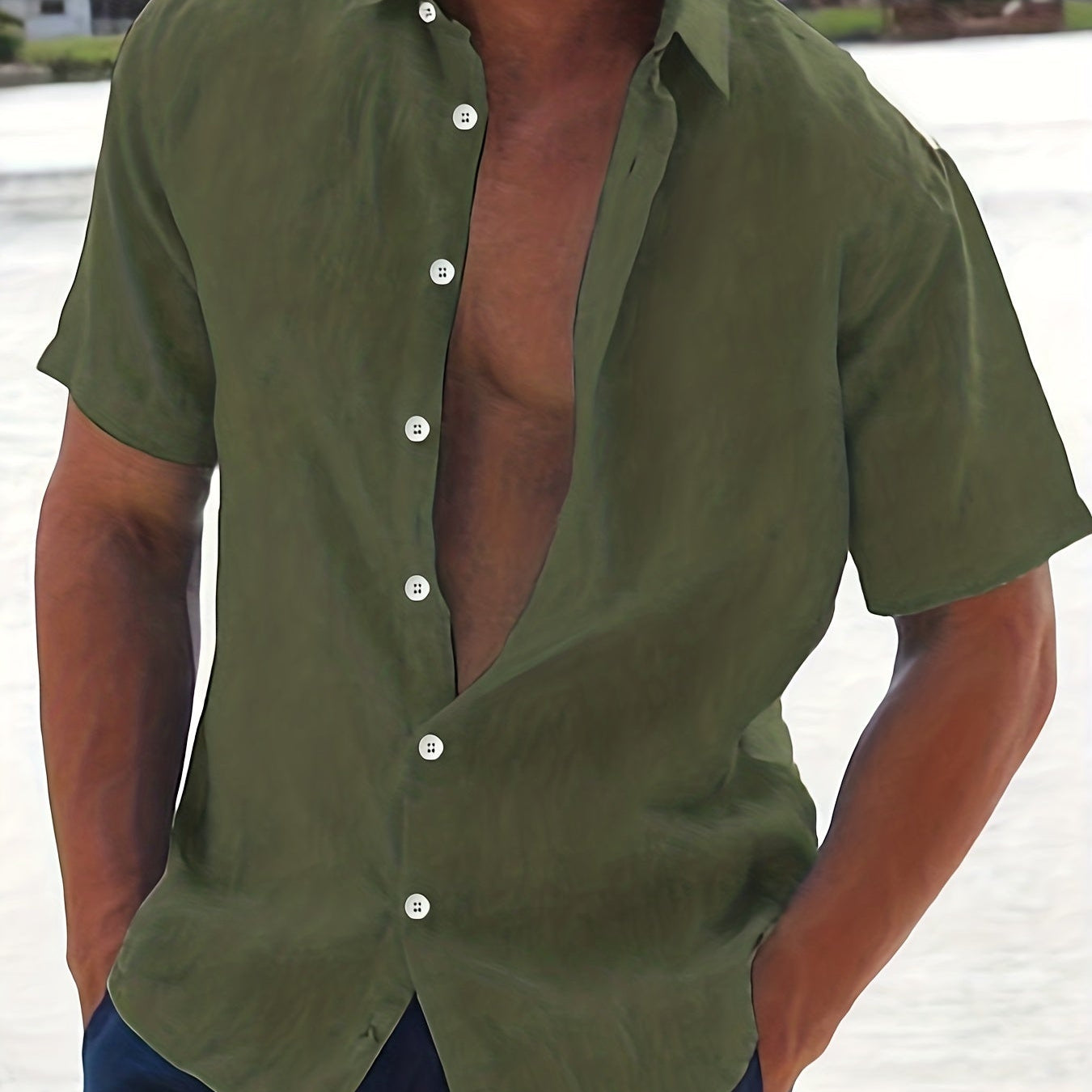Linen Shirt - Cotton - Short Sleeve - Button-Up Shirt - Men's Clothing-Men Shirts-Chaps London-Army Green-M-Chaps London