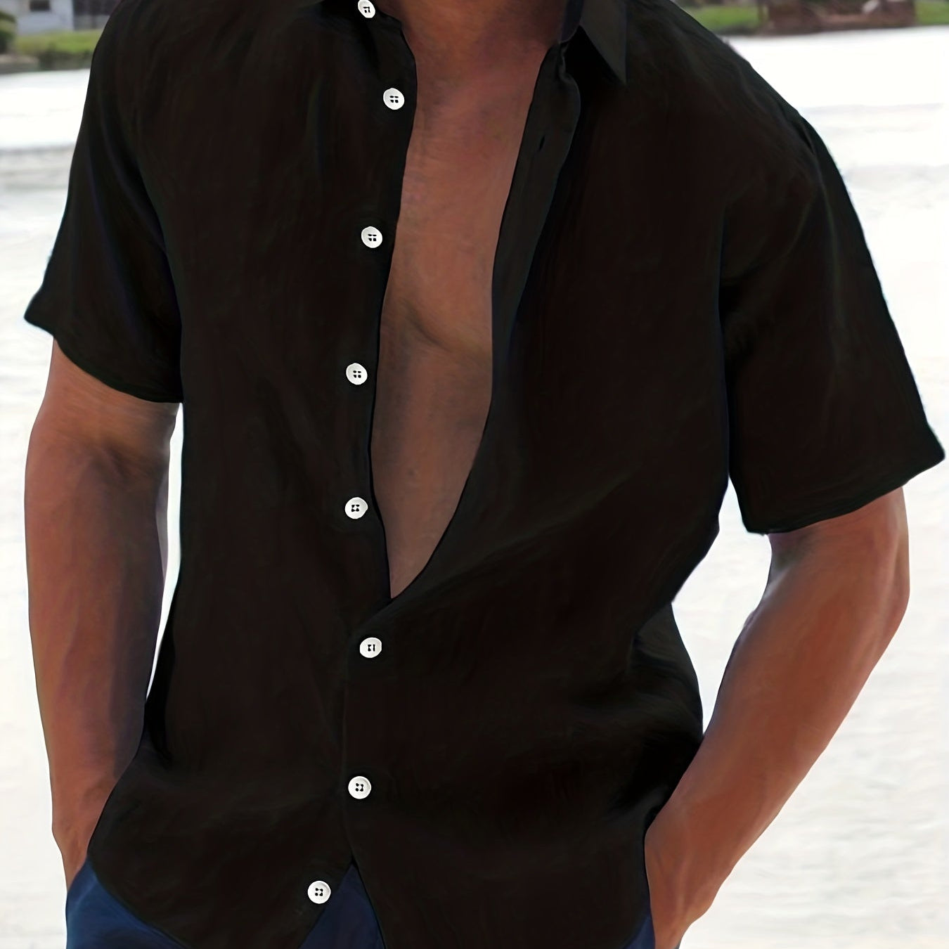 Linen Shirt - Cotton - Short Sleeve - Button-Up Shirt - Men's Clothing-Men Shirts-Chaps London-Black-M-Chaps London