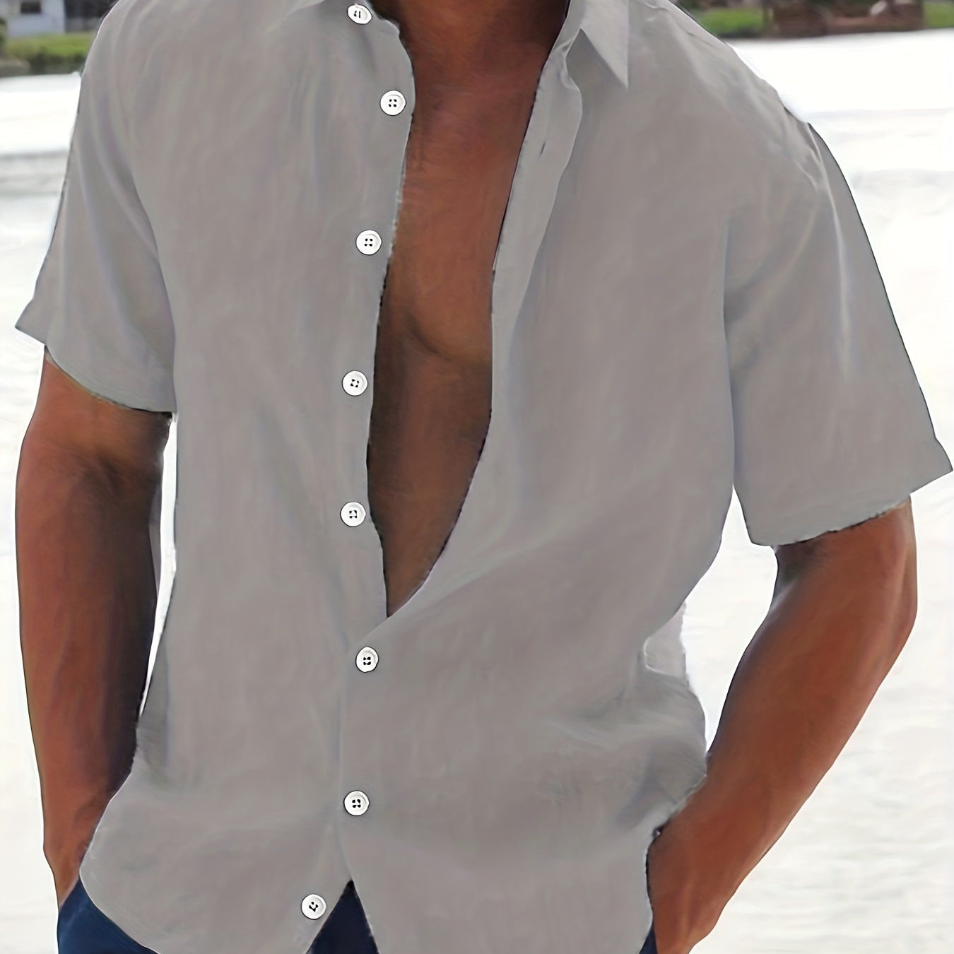 Linen Shirt - Cotton - Short Sleeve - Button-Up Shirt - Men's Clothing-Men Shirts-Chaps London-Gray-M-Chaps London