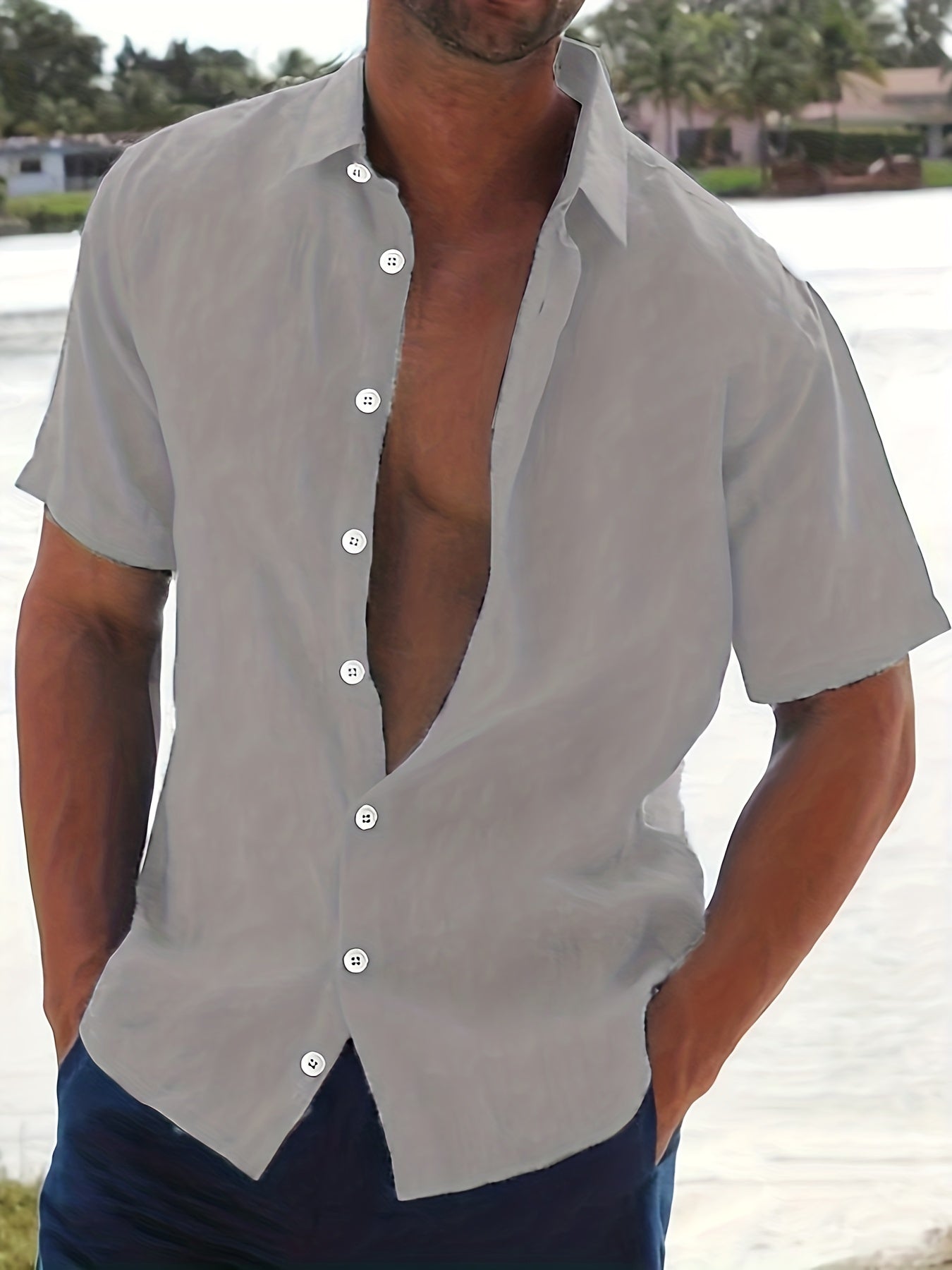 Linen Shirt - Cotton - Short Sleeve - Button-Up Shirt - Men's Clothing-Men Shirts-Chaps London-Gray-M-Chaps London