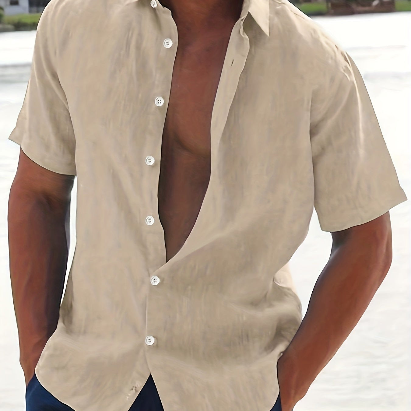 Linen Shirt - Cotton - Short Sleeve - Button-Up Shirt - Men's Clothing-Men Shirts-Chaps London-Khaki-M-Chaps London