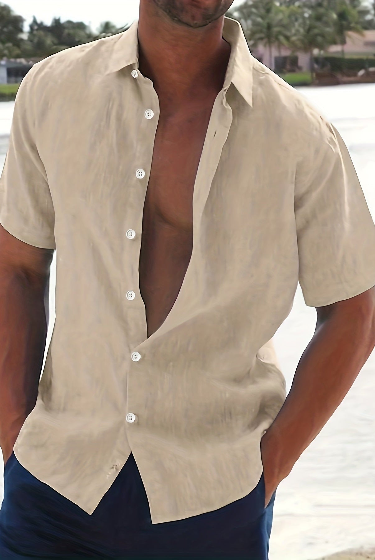 Linen Shirt - Cotton - Short Sleeve - Button-Up Shirt - Men's Clothing-Men Shirts-Chaps London-Khaki-M-Chaps London