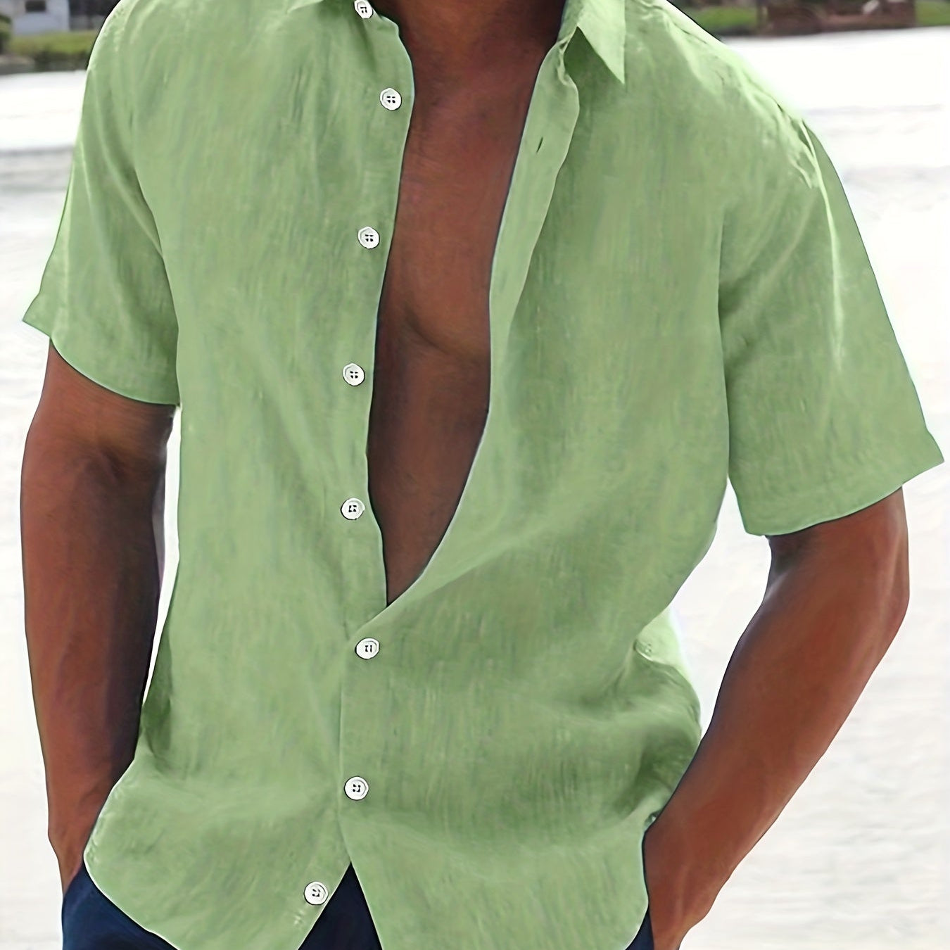 Linen Shirt - Cotton - Short Sleeve - Button-Up Shirt - Men's Clothing-Men Shirts-Chaps London-Light Green-M-Chaps London