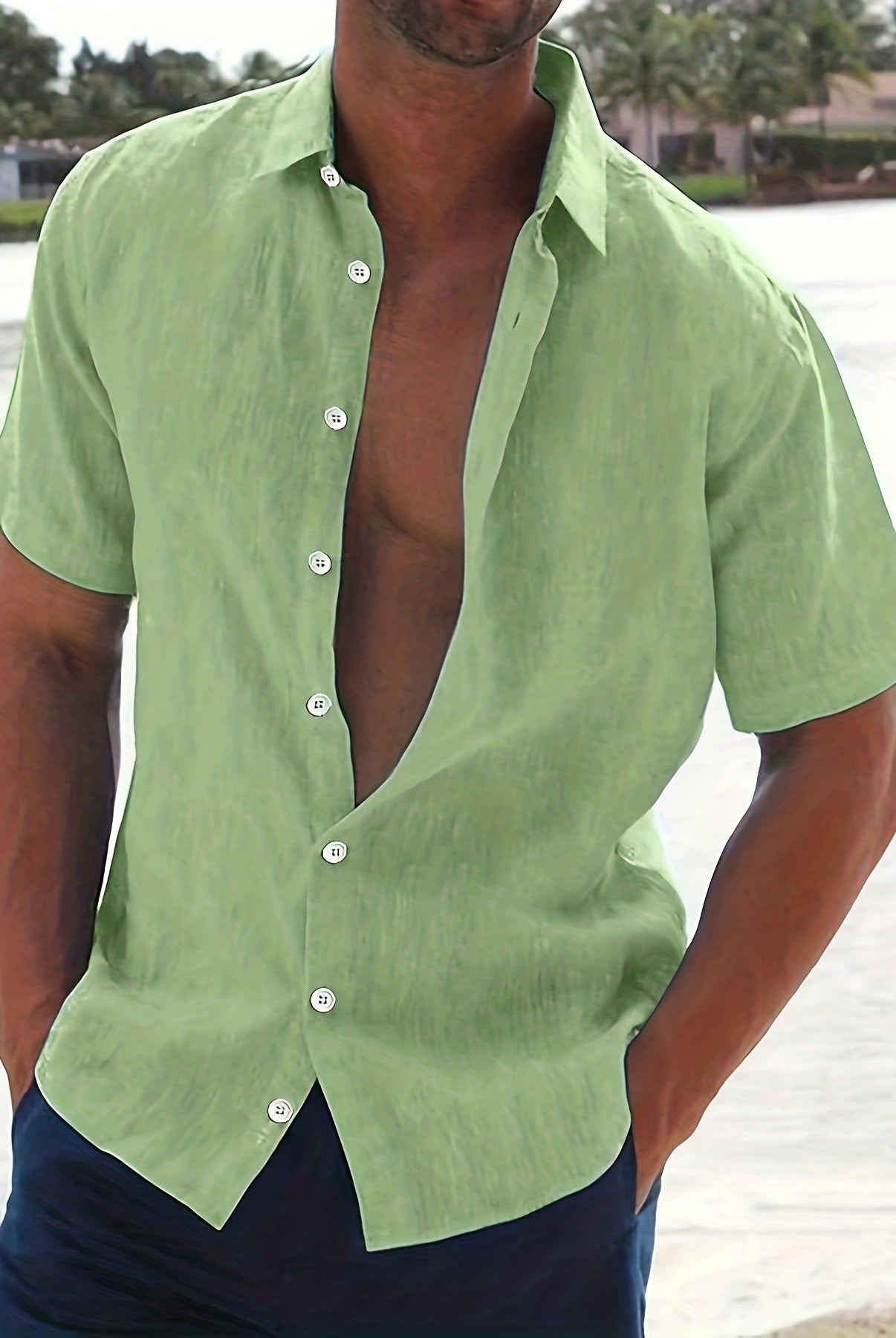 Linen Shirt - Cotton - Short Sleeve - Button-Up Shirt - Men's Clothing-Men Shirts-Chaps London-Light Green-M-Chaps London