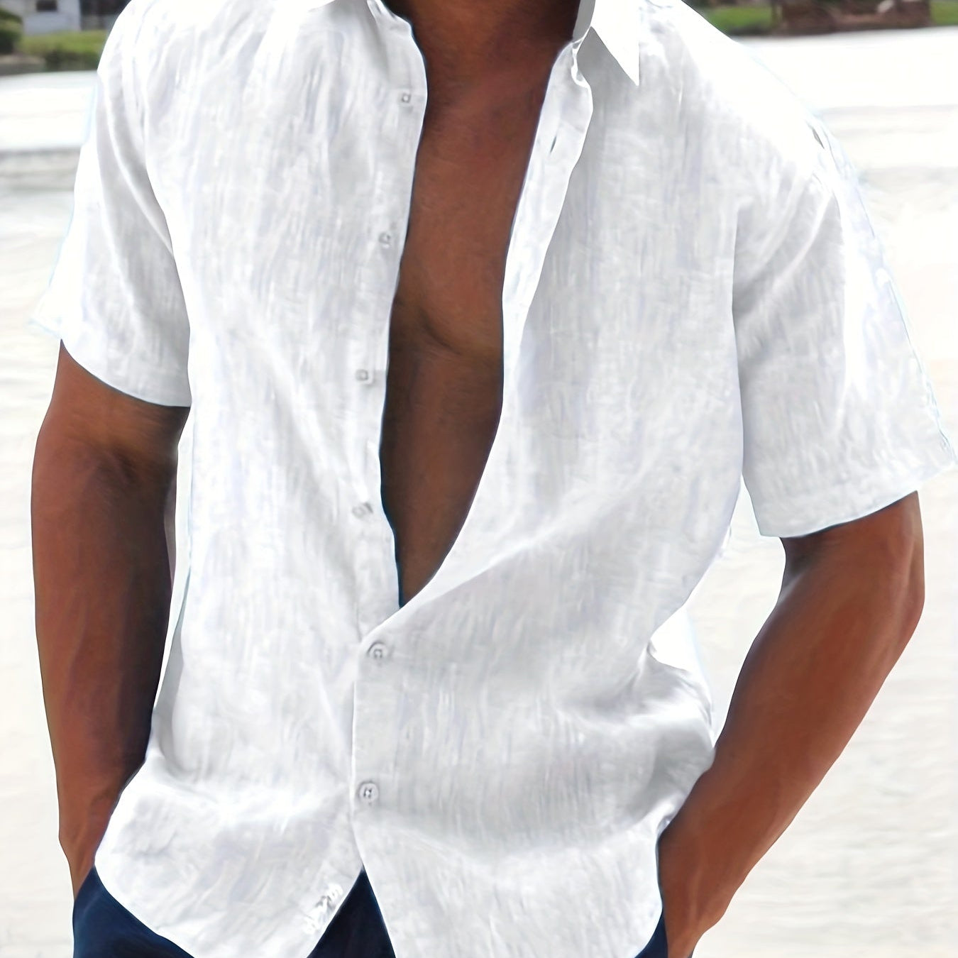 Linen Shirt - Cotton - Short Sleeve - Button-Up Shirt - Men's Clothing-Men Shirts-Chaps London-White-M-Chaps London