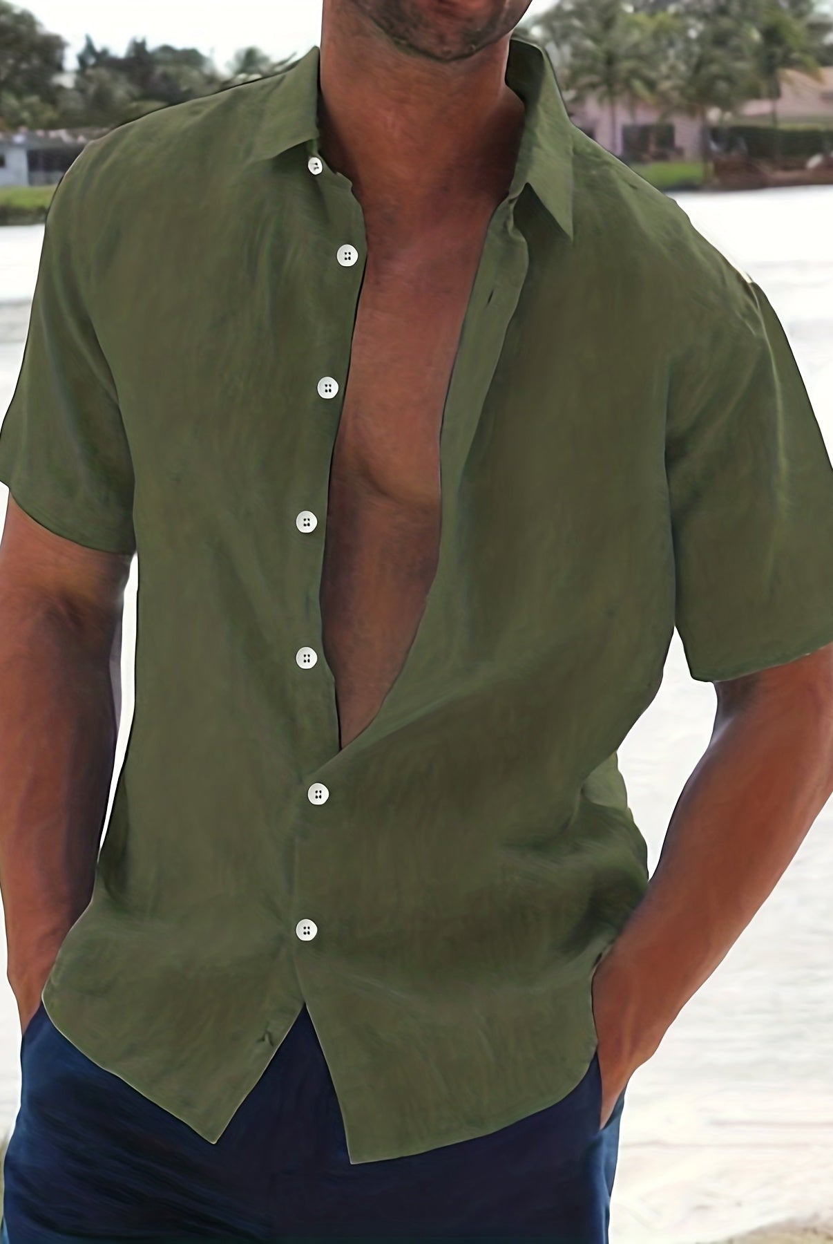 Linen Shirt - Cotton - Short Sleeve - Button-Up Shirt - Men's Clothing-Men Shirts-Chaps of London-Army Green-M-Chaps of London