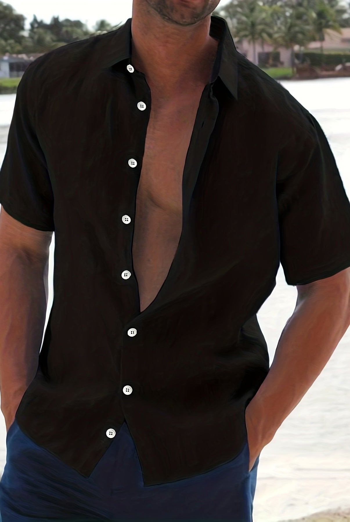 Linen Shirt - Cotton - Short Sleeve - Button-Up Shirt - Men's Clothing-Men Shirts-Chaps of London-Black-M-Chaps of London