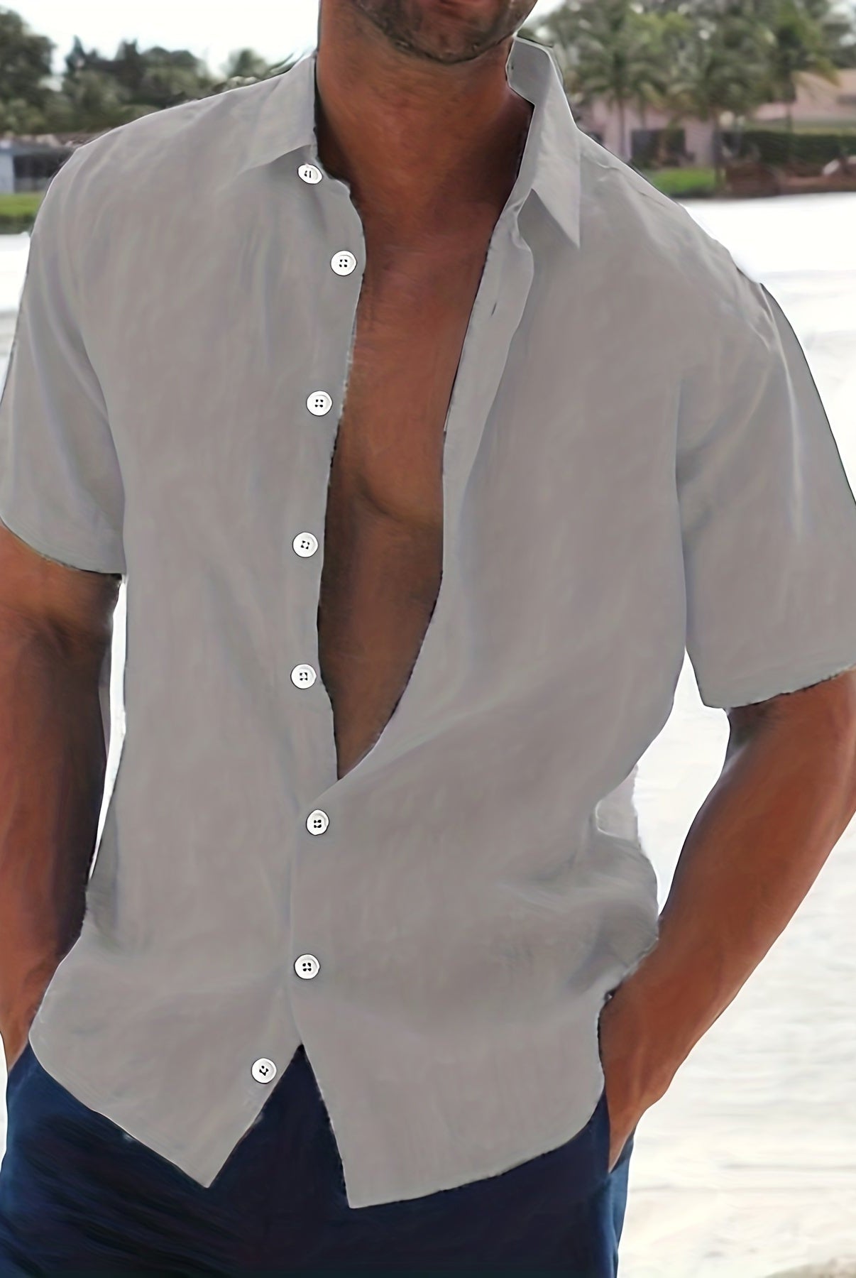 Linen Shirt - Cotton - Short Sleeve - Button-Up Shirt - Men's Clothing-Men Shirts-Chaps of London-Gray-M-Chaps of London