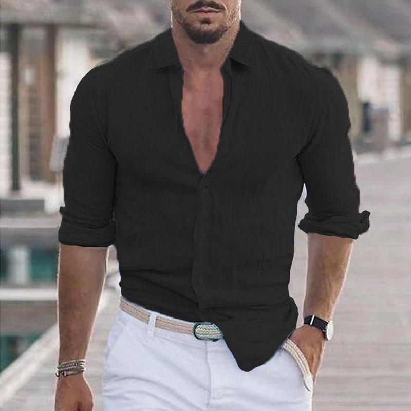 Linen Shirt - Long Sleeve - Lightweight - Button-Up Shirt - Men's Shirts-Men's Top-Chaps London-Black-S-Chaps London
