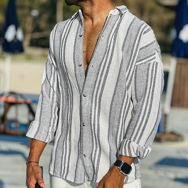 Linen Shirt | Striped | Loose Fit | Long Sleeve Shirt | Men's Shirt-Shirts-Chaps London-Black-S-Chaps London
